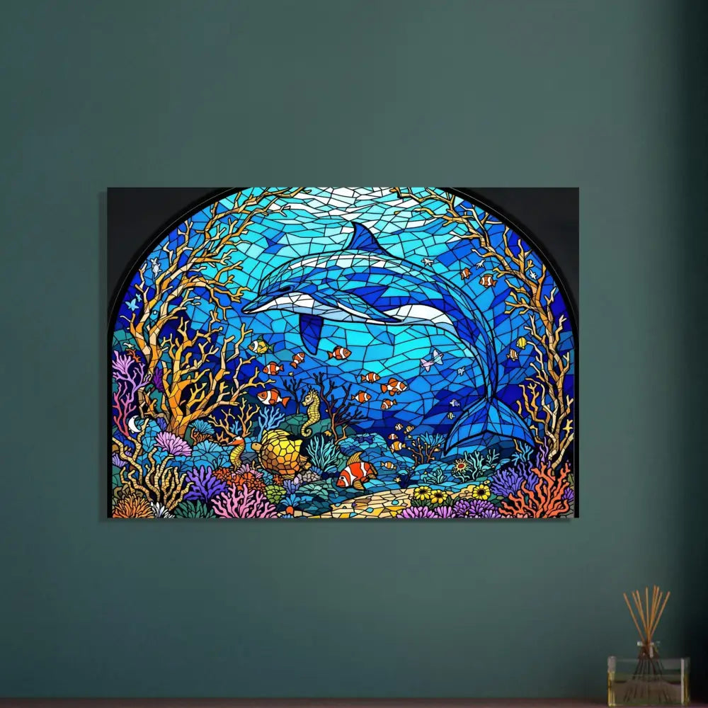 Stained glass dolphin artwork on Fine Art Poster Sea Cathedral PixiOnyx Oceanlight Relic