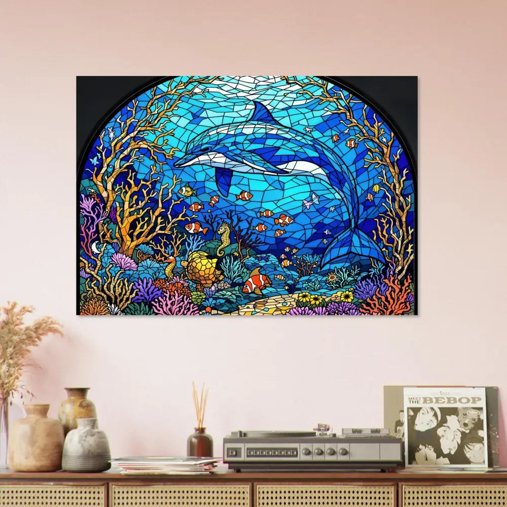 Dolphin stained glass artwork on Fine Art Poster Sea Cathedral by PixiOnyx Oceanlight Relic