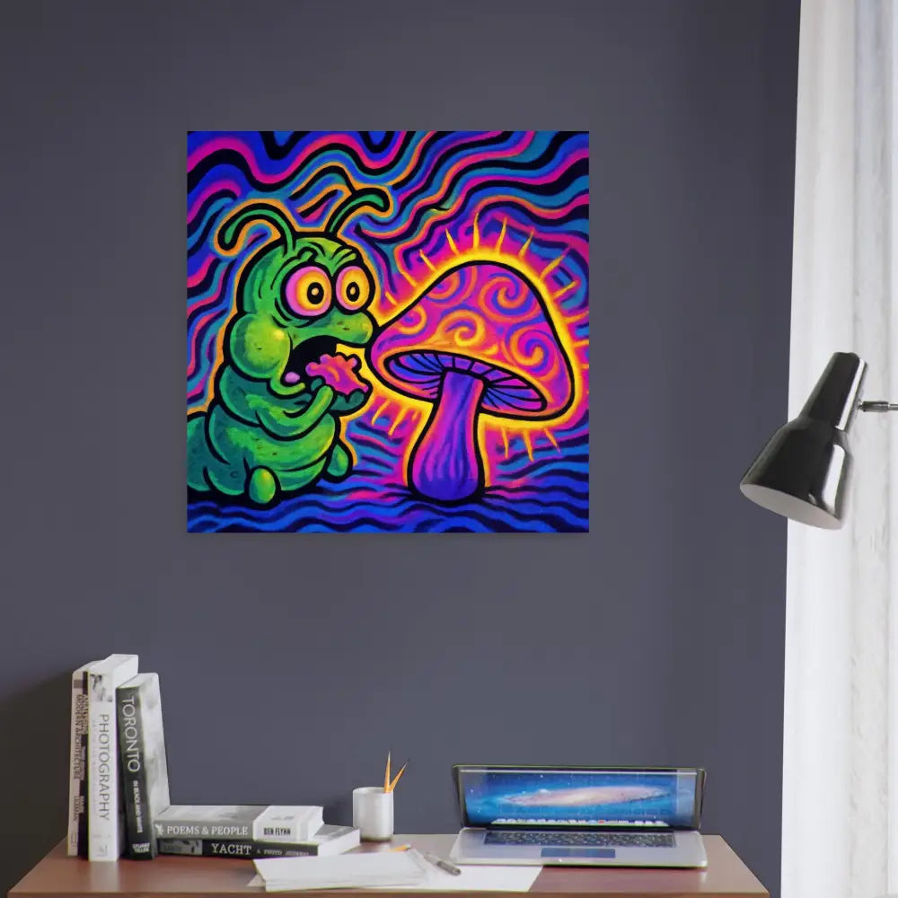 Psychedelic caterpillar and mushroom art poster for PixiOnyx Psychedelic Wall Art collection
