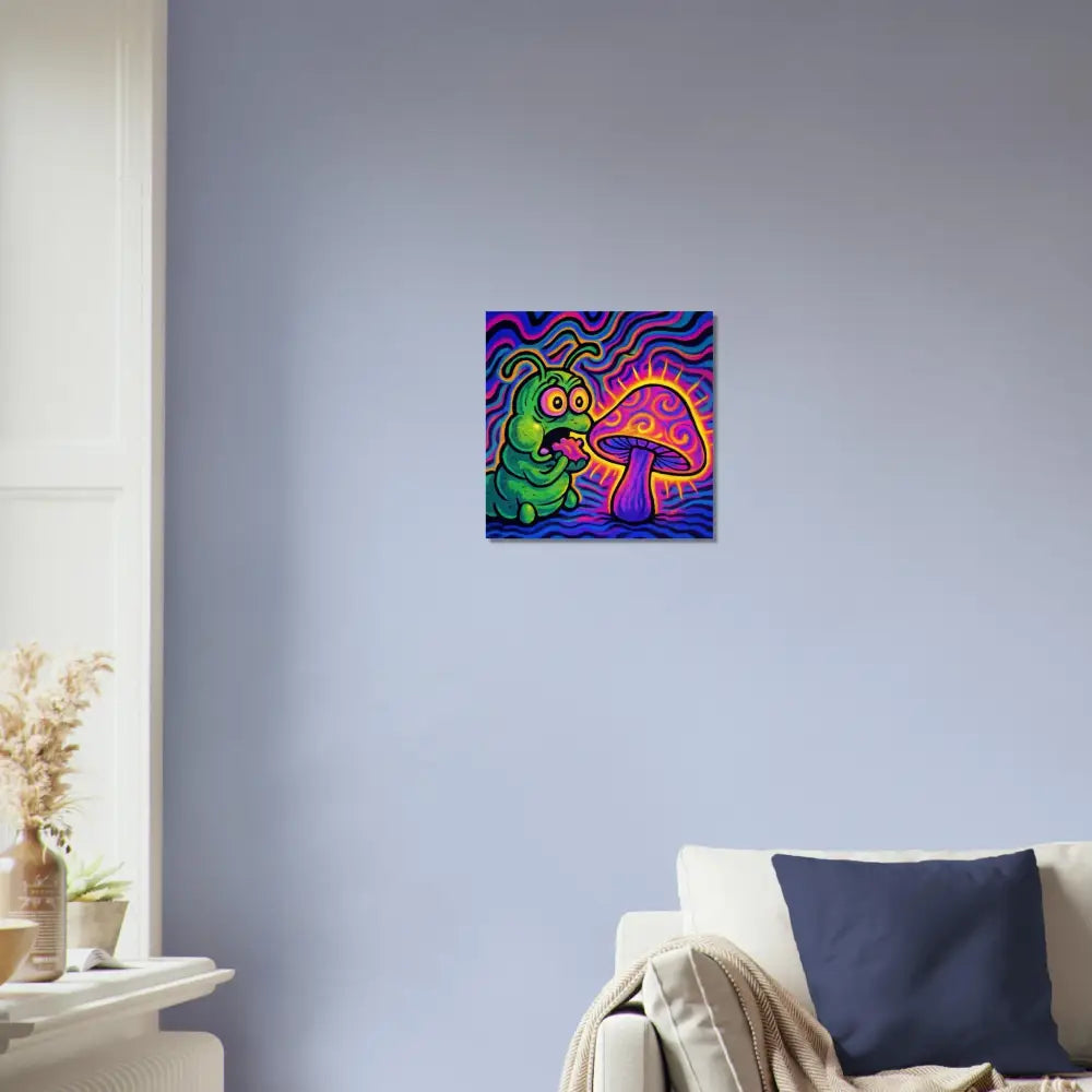 Vibrant psychedelic caterpillar and mushroom art poster for wall decor