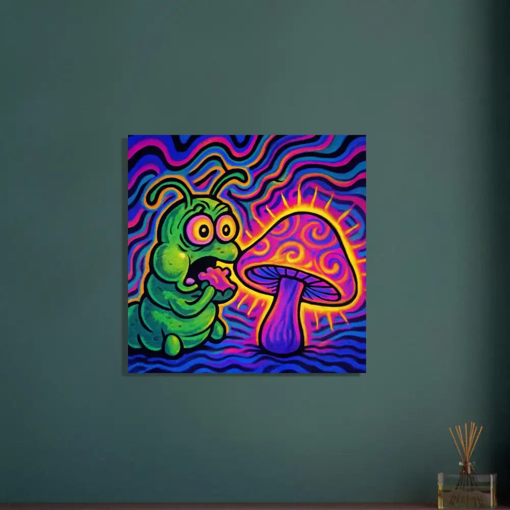 Psychedelic caterpillar and mushroom artwork on a PixiOnyx Wall Art poster