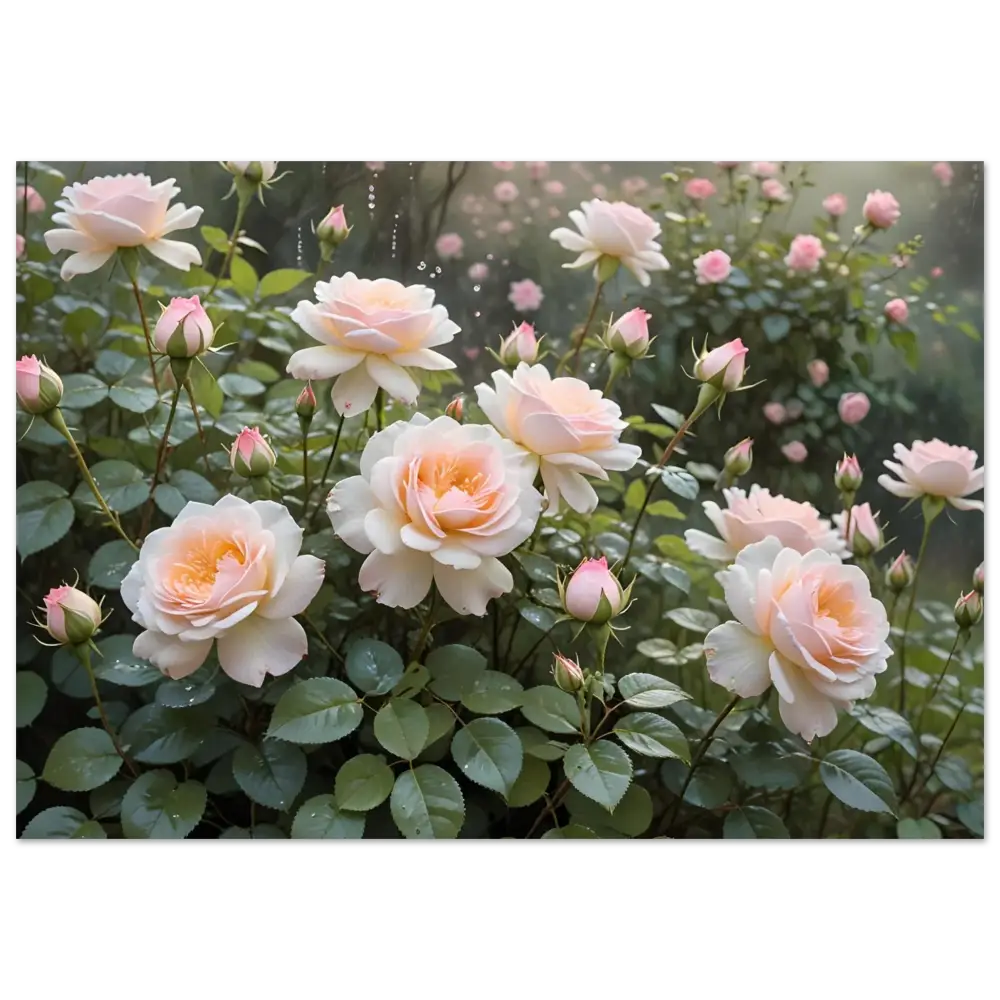 Pale pink roses with green foliage on Fine Art Poster Soft Petal Symphony PixiOnyx Botanical Dreamscape