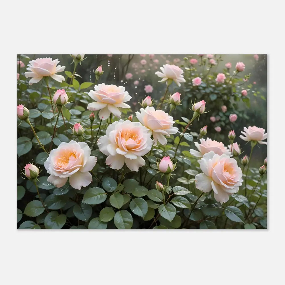 Pale pink roses in bloom on Fine Art Poster Soft Petal Symphony PixiOnyx Botanical Dreamscape