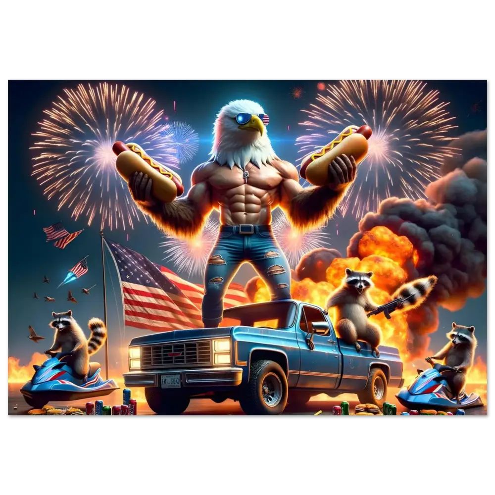 Patriotic eagle-human hybrid holding hotdogs for Absurdist Americana art poster