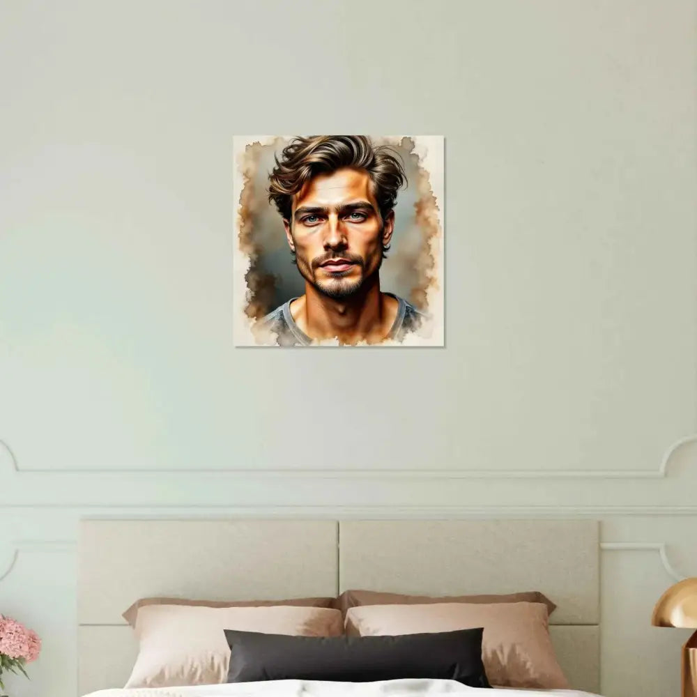 Fine art watercolor portrait of a man with dark wavy hair and a slight beard