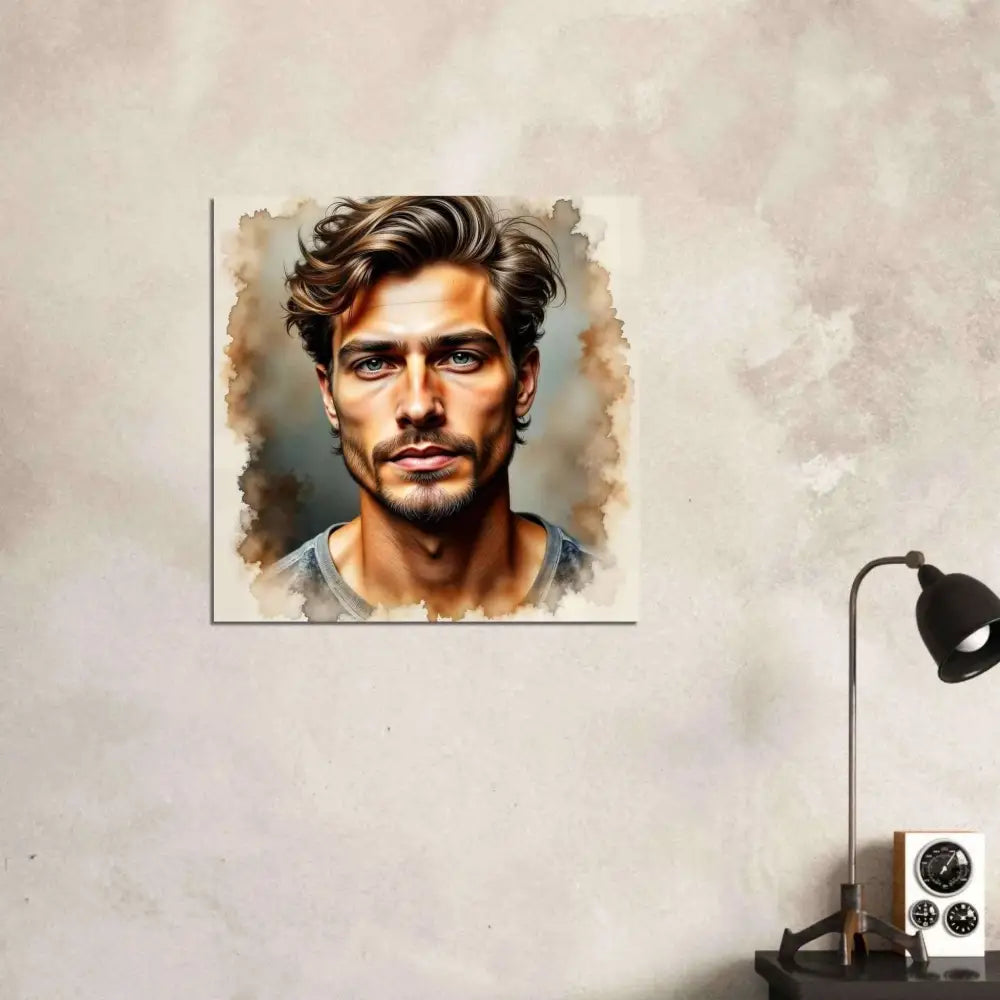 Fine art watercolor portrait of a man with green eyes in antique-style watercolor captures