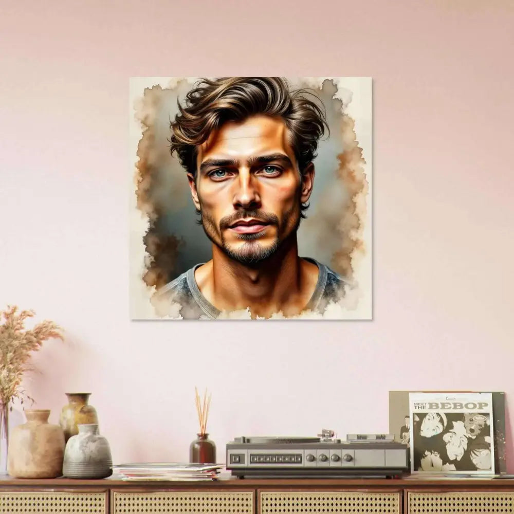 Fine art watercolor portrait of a man with brown hair and a beard in antique style