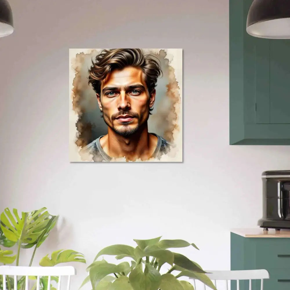 Watercolor fine art portrait of handsome man with wavy brown hair and light eyes