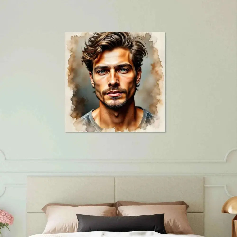 Fine art watercolor portrait of a handsome man with wavy brown hair and light eyes