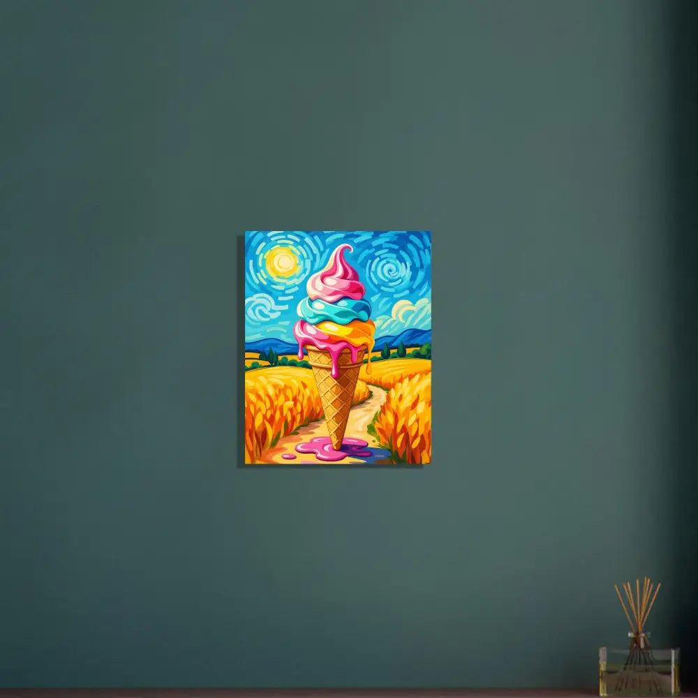 Colorful ice cream cone painting displayed on Fine Art Poster Sunlit Swirl of Pastoral Chaos PixiOnyx Playful Delight