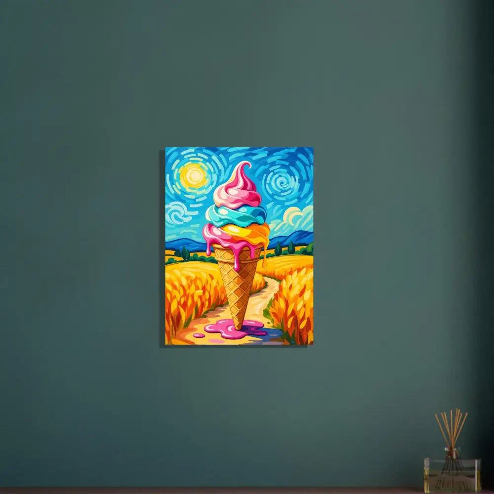 Colorful ice cream cone painting featured in Fine Art Poster Sunlit Swirl of Pastoral Chaos