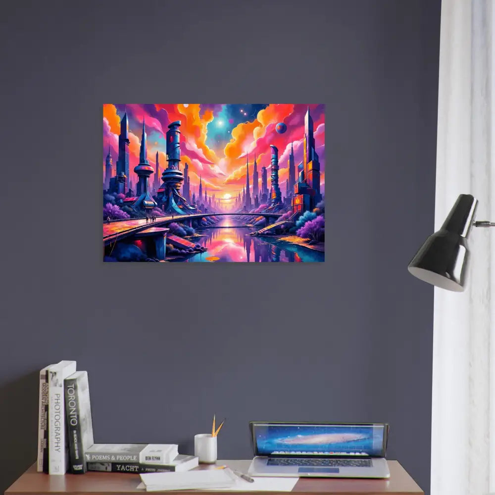 Fine art poster of a futuristic cityscape with glowing towers reflect and luminous skyline hums