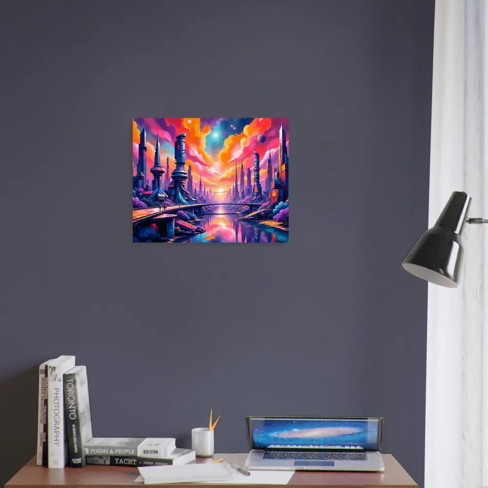 Fine art poster of a luminous skyline hums with glowing towers reflect a futuristic cityscape