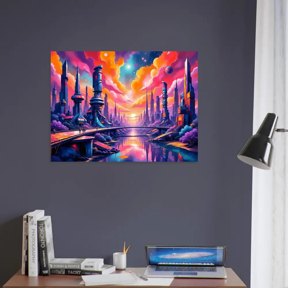 Fine art poster of a luminous skyline hums with glowing towers reflect a futuristic city at sunset