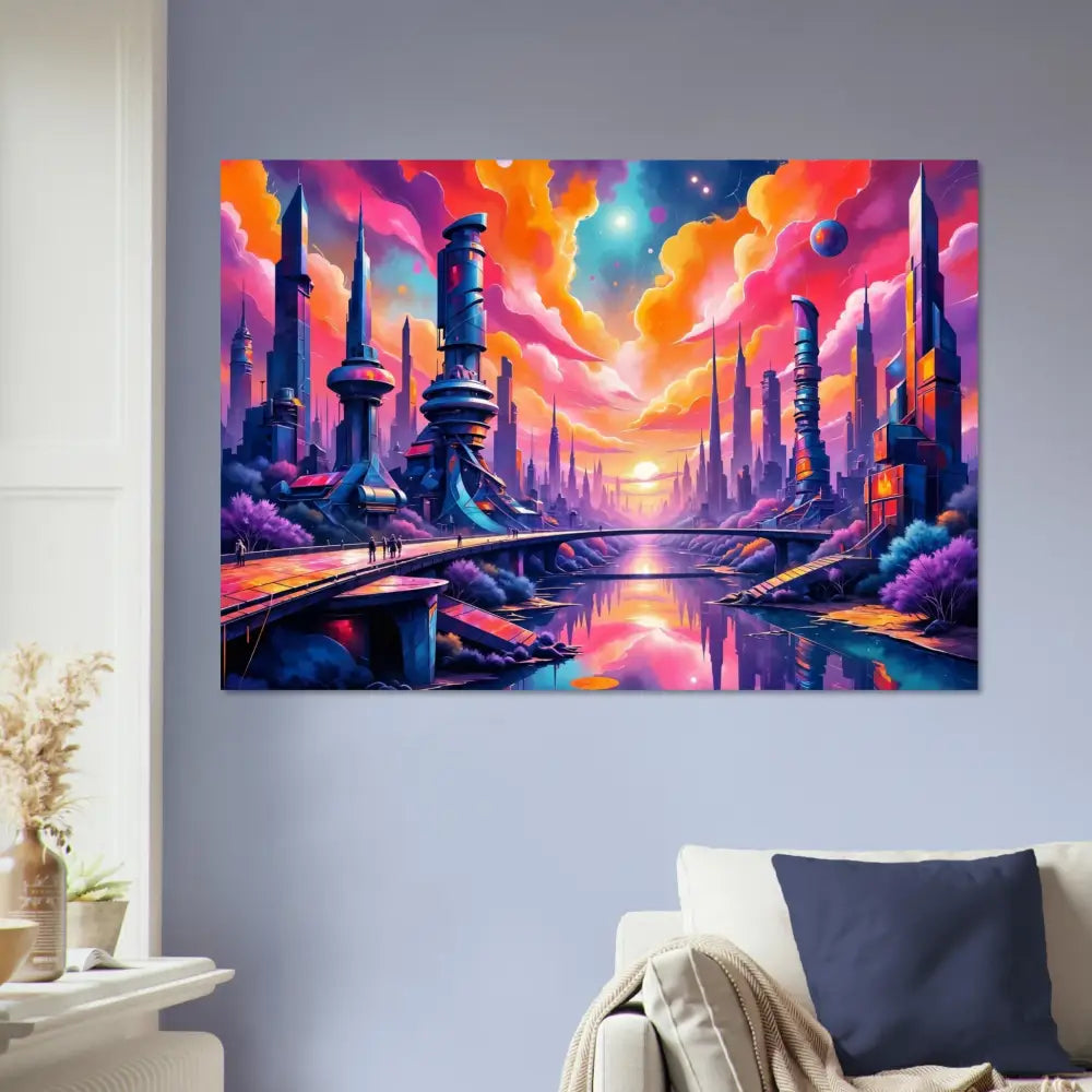 Fine art poster of a luminous skyline hums with glowing towers reflect a futuristic cityscape at sunset