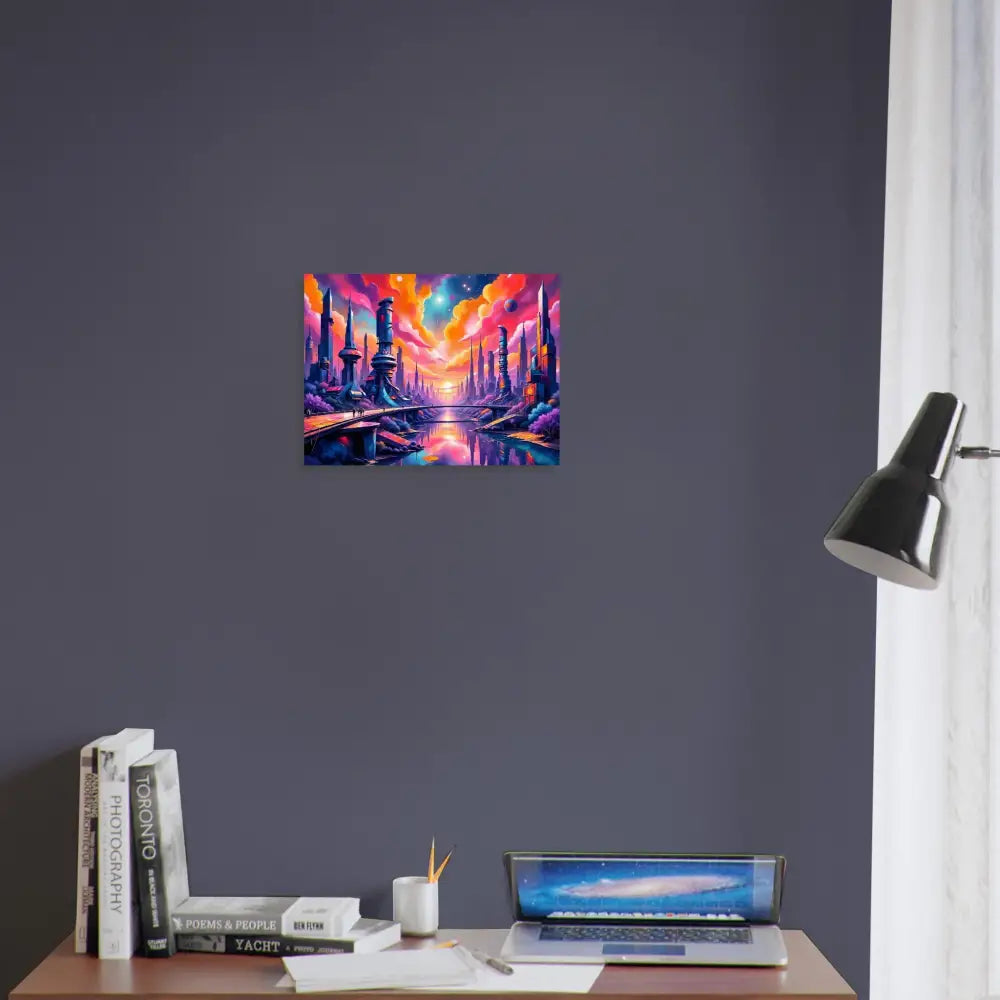 Fine art poster of a luminous skyline hums with glowing towers reflecting vibrant cityscape
