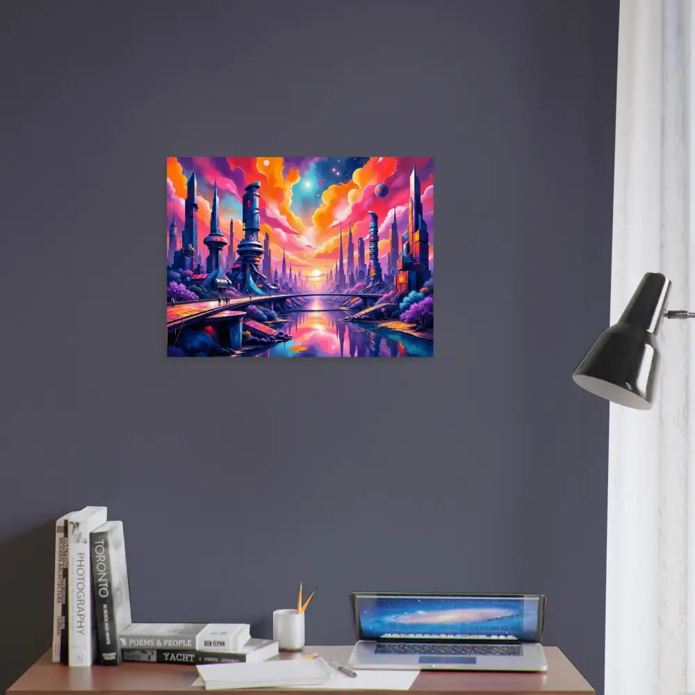 Fine art poster of a luminous skyline hums with glowing towers reflect a futuristic cityscape