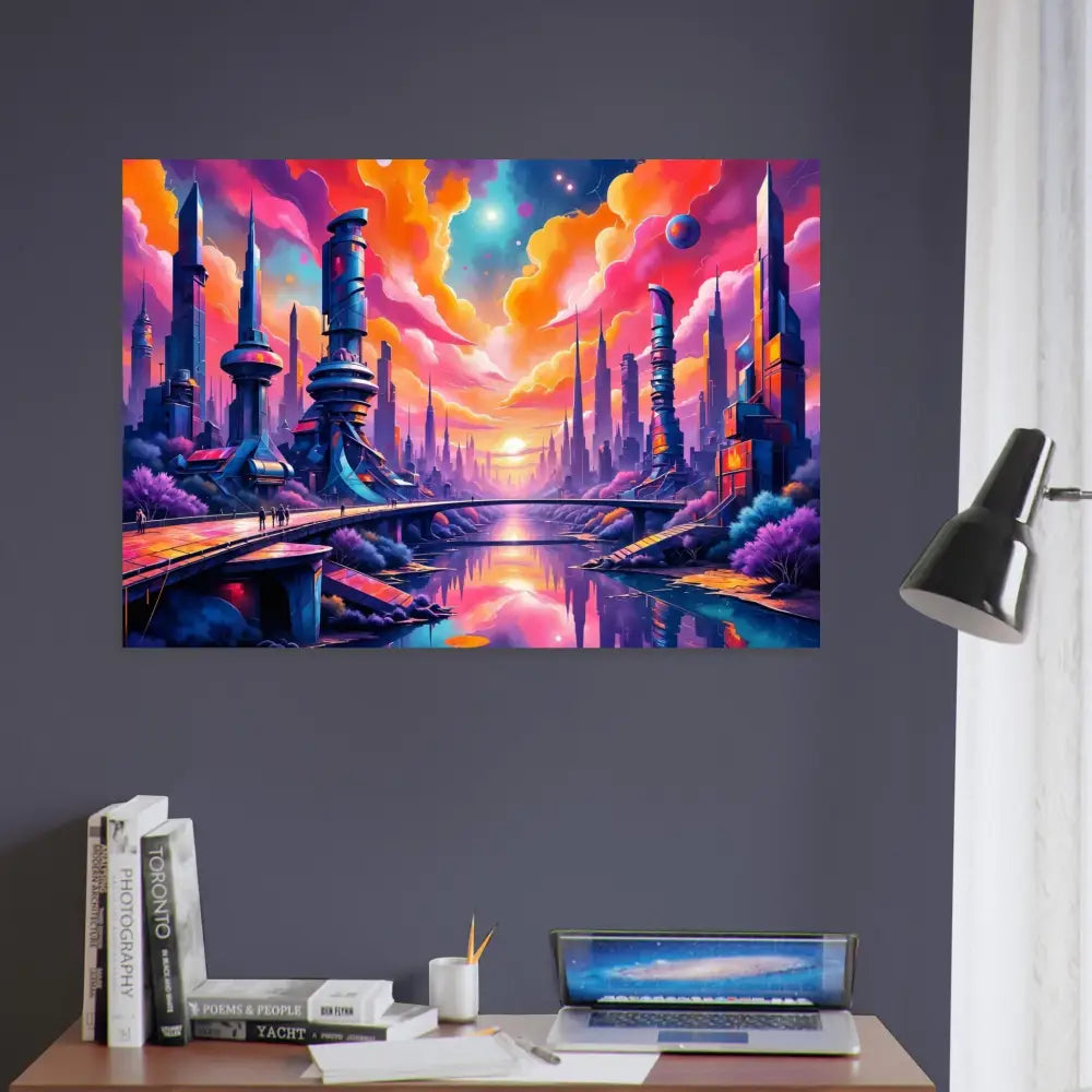 Fine art poster of a luminous skyline hums with glowing towers reflect a futuristic cityscape at sunset