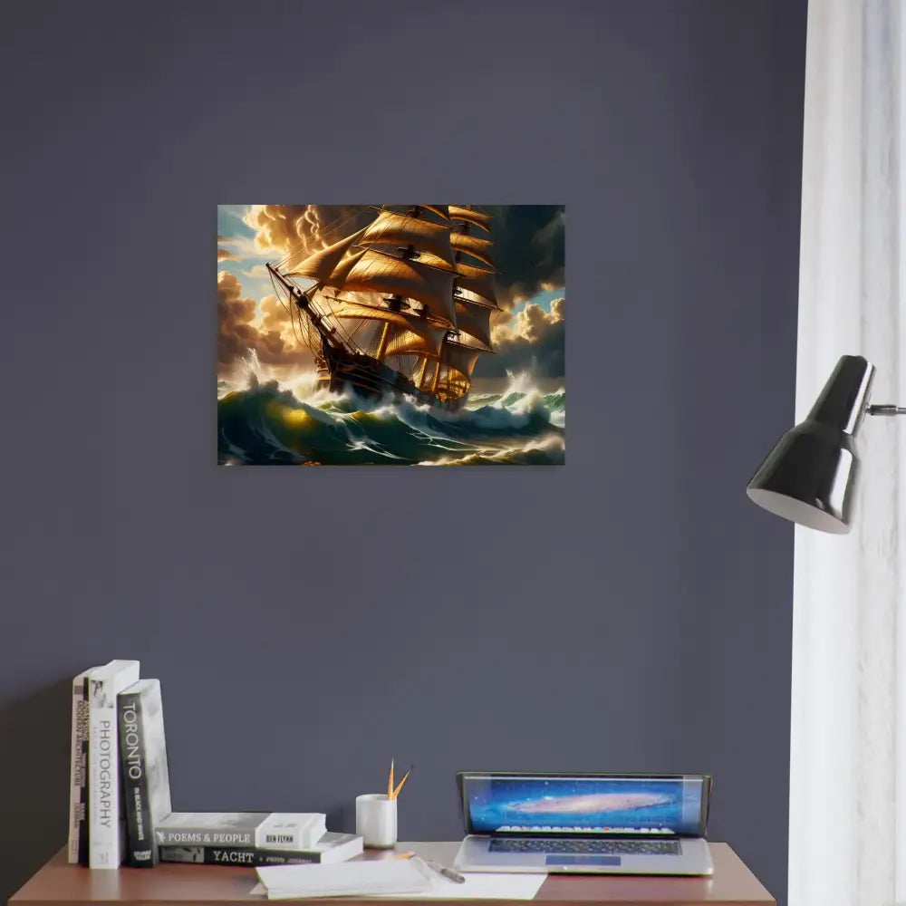 Stormy seas with sailing ship art on Fine Art Poster Tempestbound Sovereign PixiOnyx