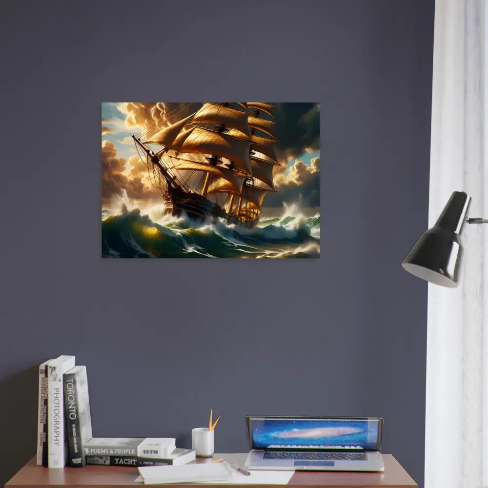 Framed sailing ship painting from the Fine Art Poster Tempestbound Sovereign PixiOnyx Cinematic Voyage