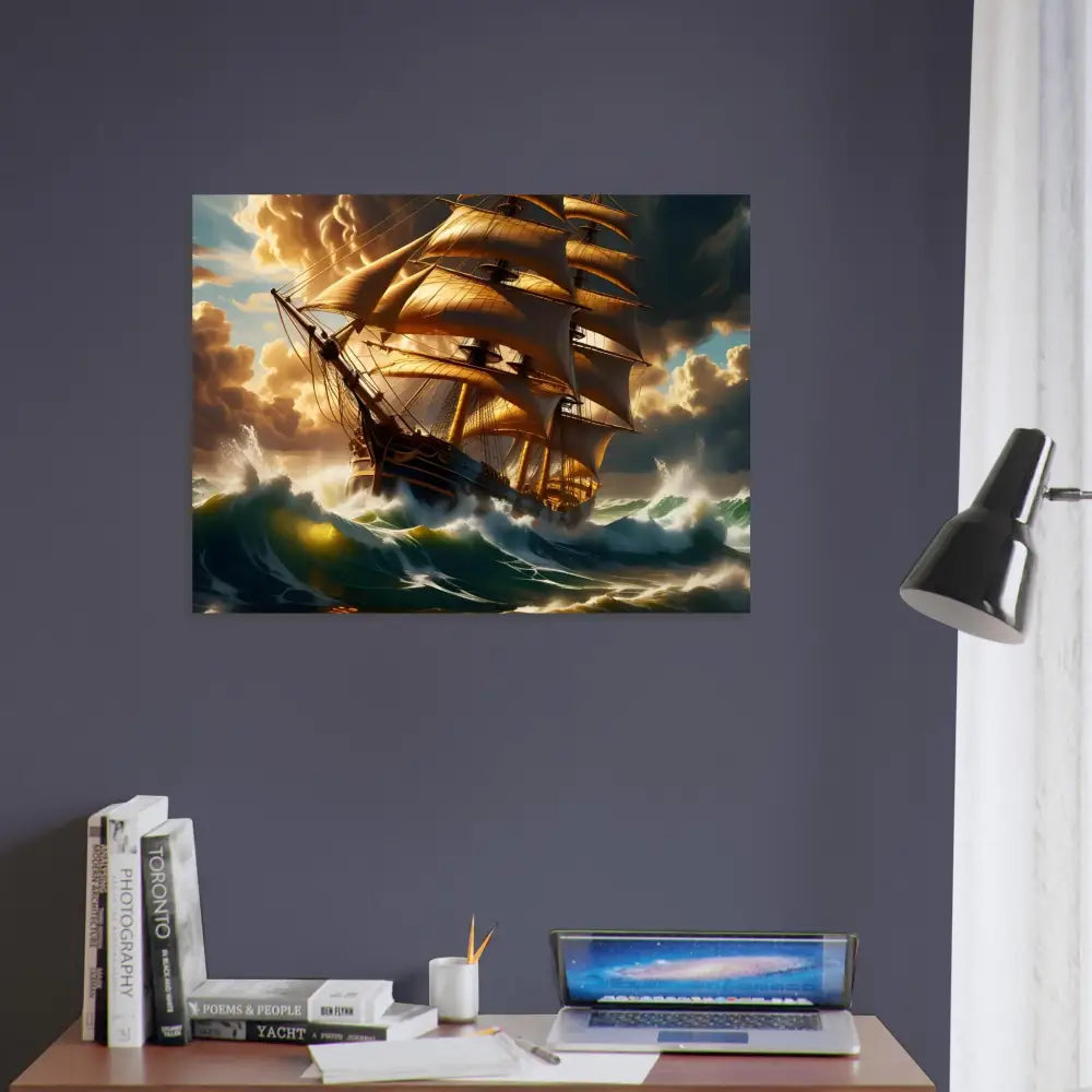 Dramatic sailing ship painting featured in Fine Art Poster Tempestbound Sovereign PixiOnyx