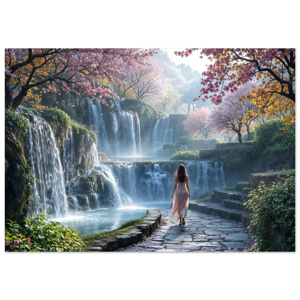 Serene waterfall landscape with a woman in PixiOnyx Dreamscape Waterfall Orchard poster