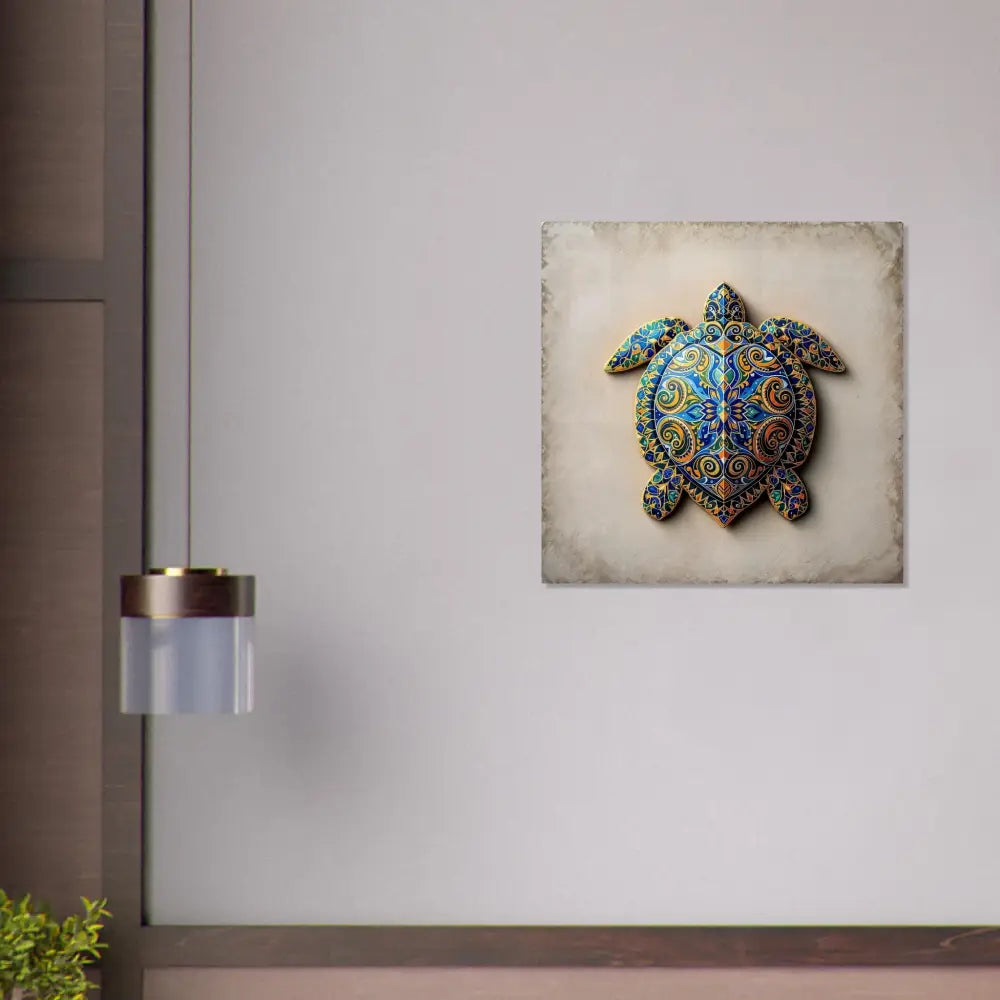 Decorated turtle wall art featuring intricate shell patterns for home decor