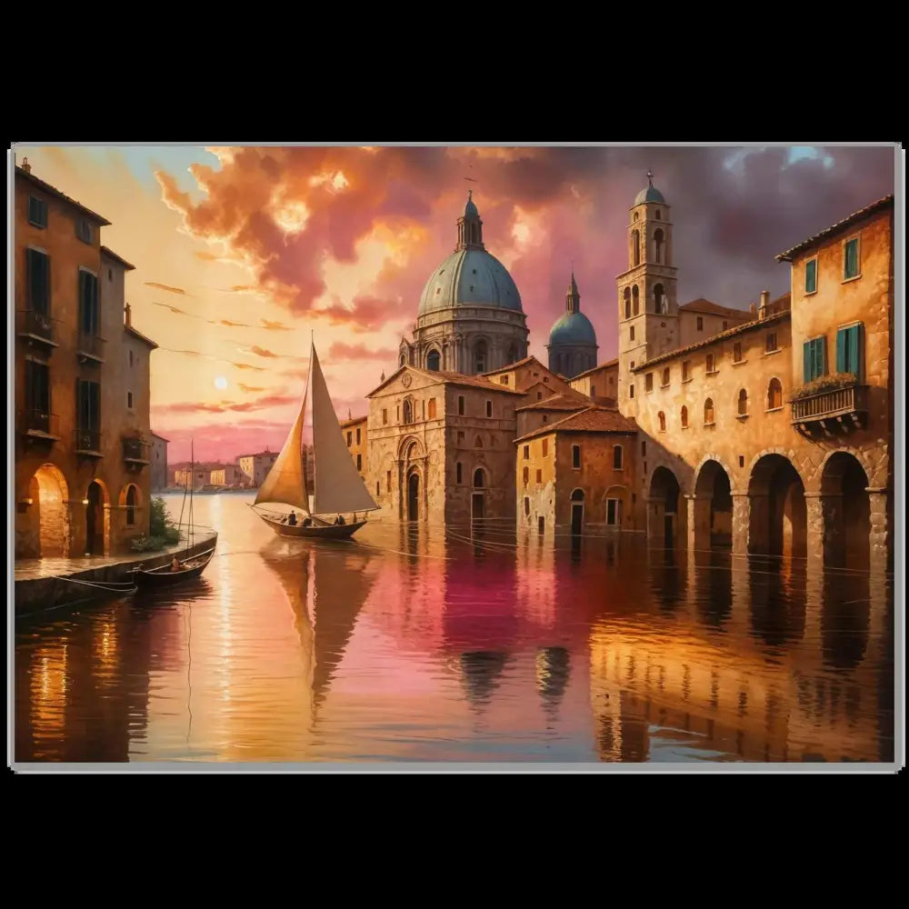 Vibrant Venetian Reverie painting of a glowing canal dreamscape at sunset on premium matte paper