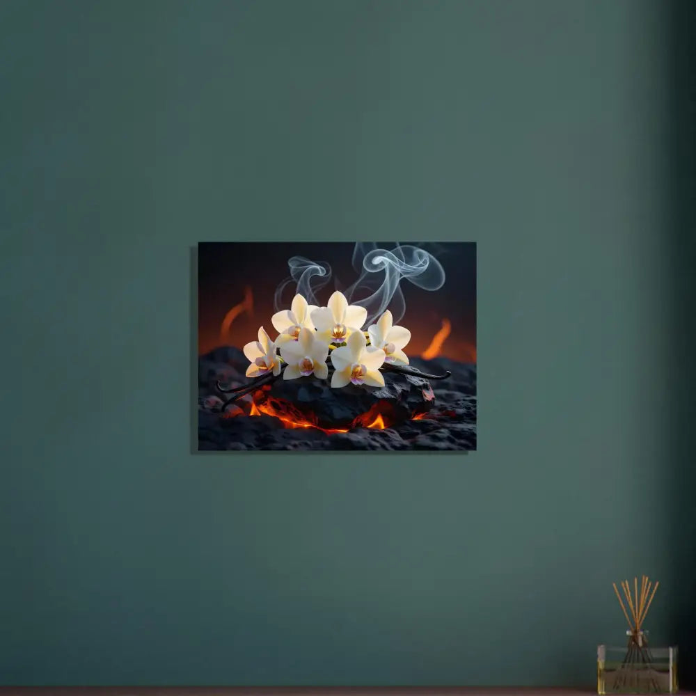 Orchids on burning coals with smoke in Fine Art Poster Volcanic Vanilla PixiOnyx print
