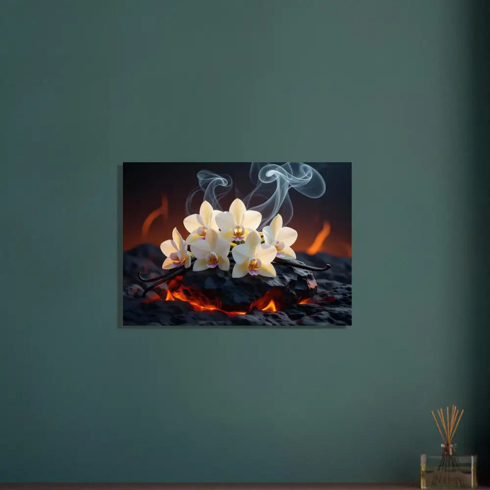 Orchids on burning embers with smoke in Fine Art Poster Volcanic Vanilla PixiOnyx Nature Print