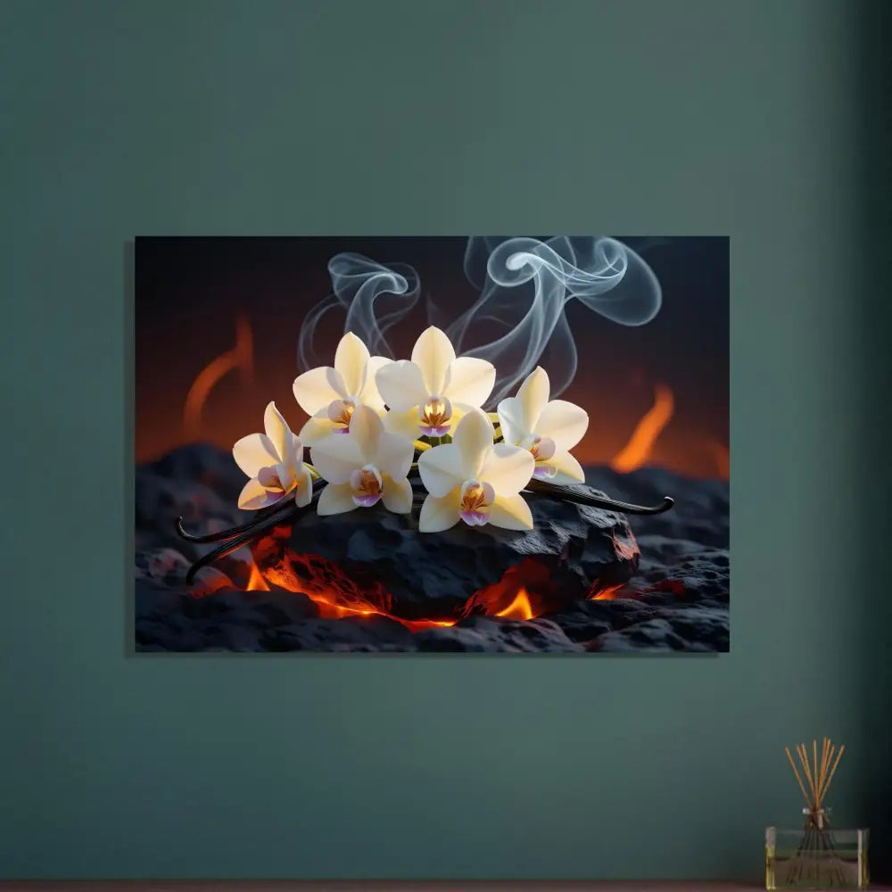 Orchids and vanilla beans on hot coals with smoke for Fine Art Poster Volcanic Vanilla