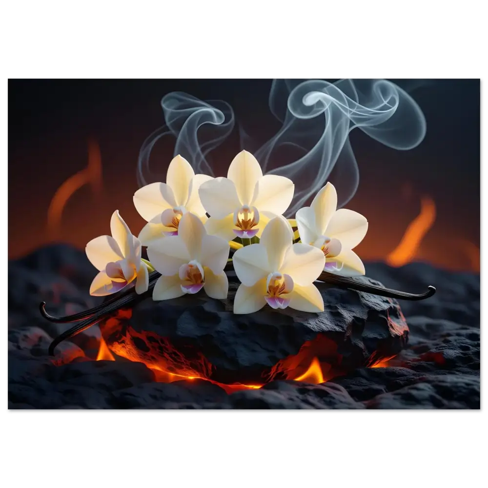 Vanilla orchids with smoke on a Fine Art Poster Volcanic Vanilla PixiOnyx Nature Print
