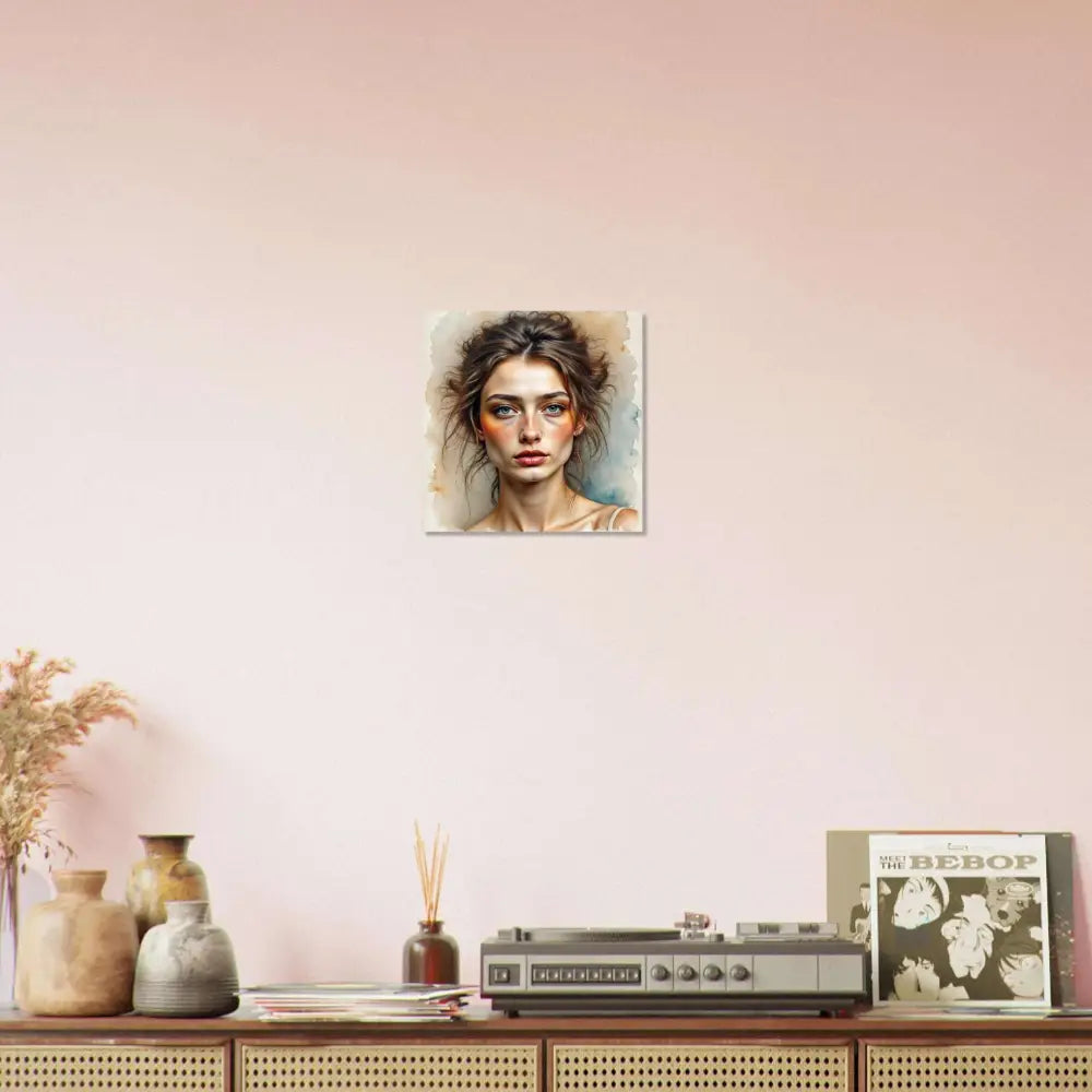 Fine art watercolor portrait of a woman with dark hair and striking eyes in PixiOnyx Gallery