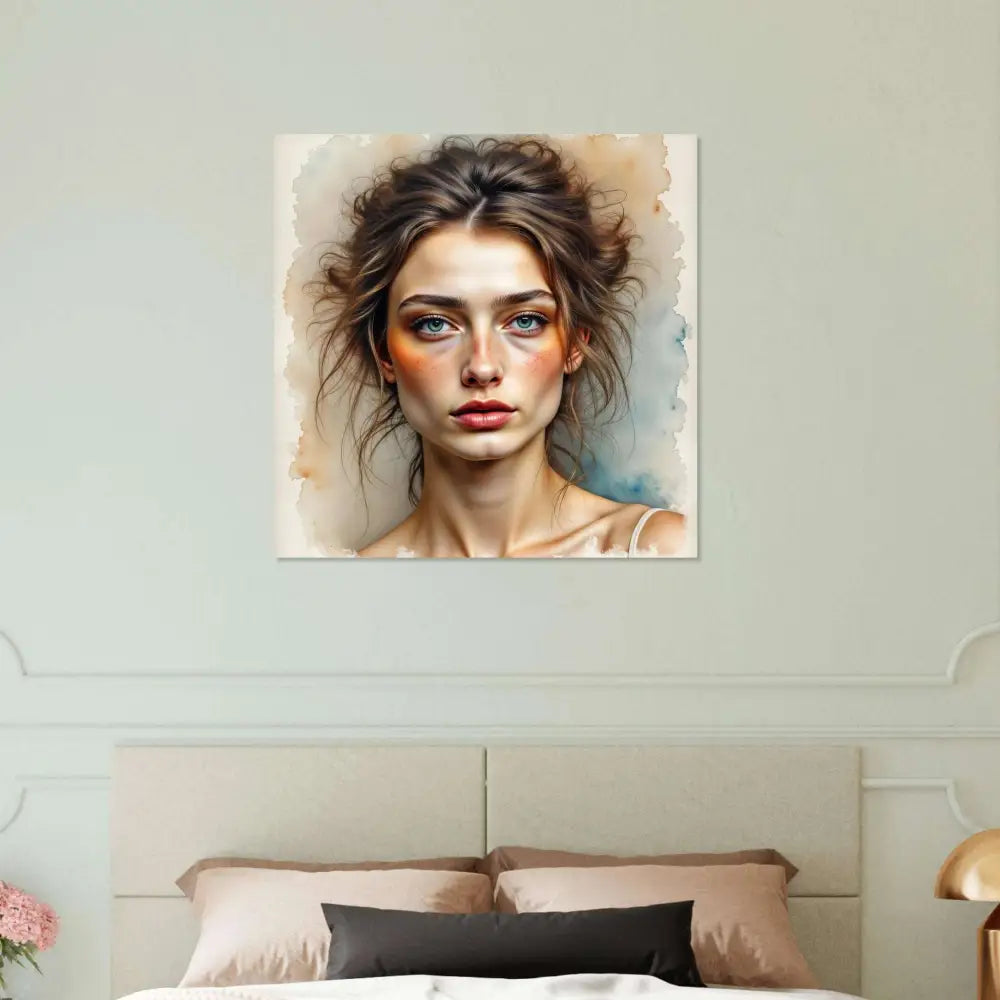 Fine art hauntingly elegant portrait of a woman with disheveled brown hair and blue eyes