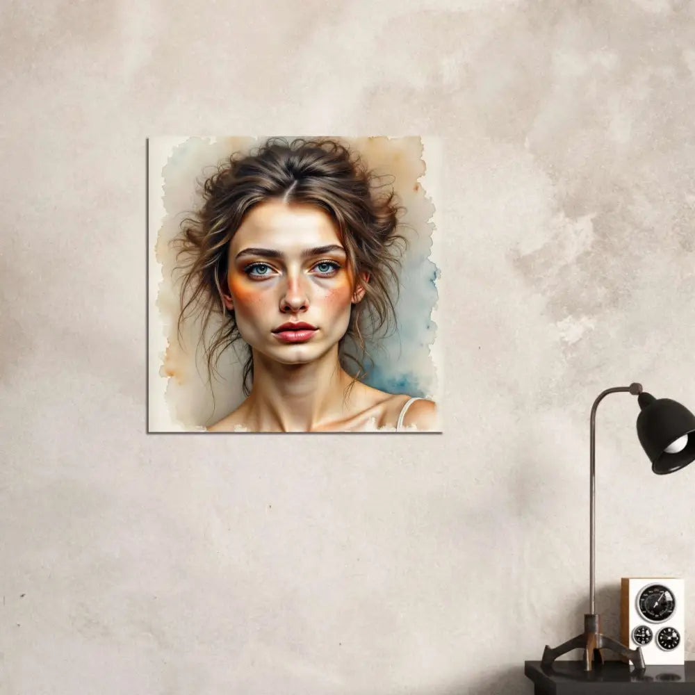 Watercolor fine art portrait of a young woman with blue eyes and warm blush