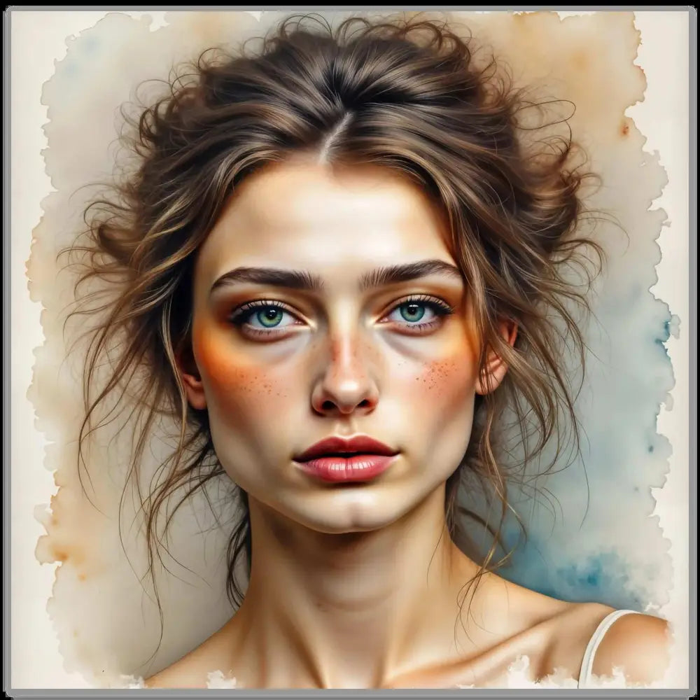 Hauntingly elegant fine art portrait of a woman with blue eyes, natural makeup, freckles