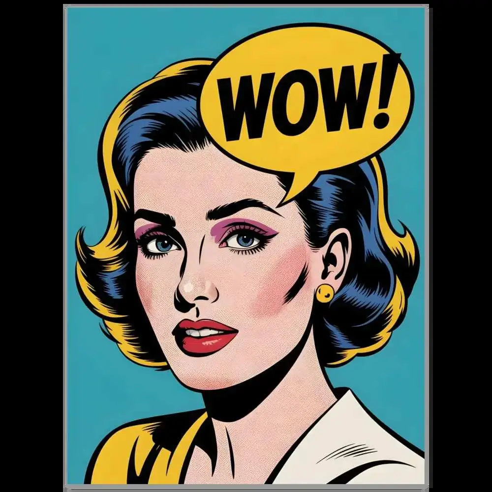 Pop art illustration of woman with WOW speech bubble on fine art poster by PixiOnyx
