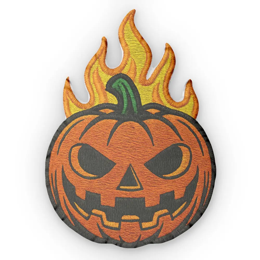 Embroidered flaming pumpkin shaped patch on Flaming Pumpkin Shaped Pillow for Halloween decor