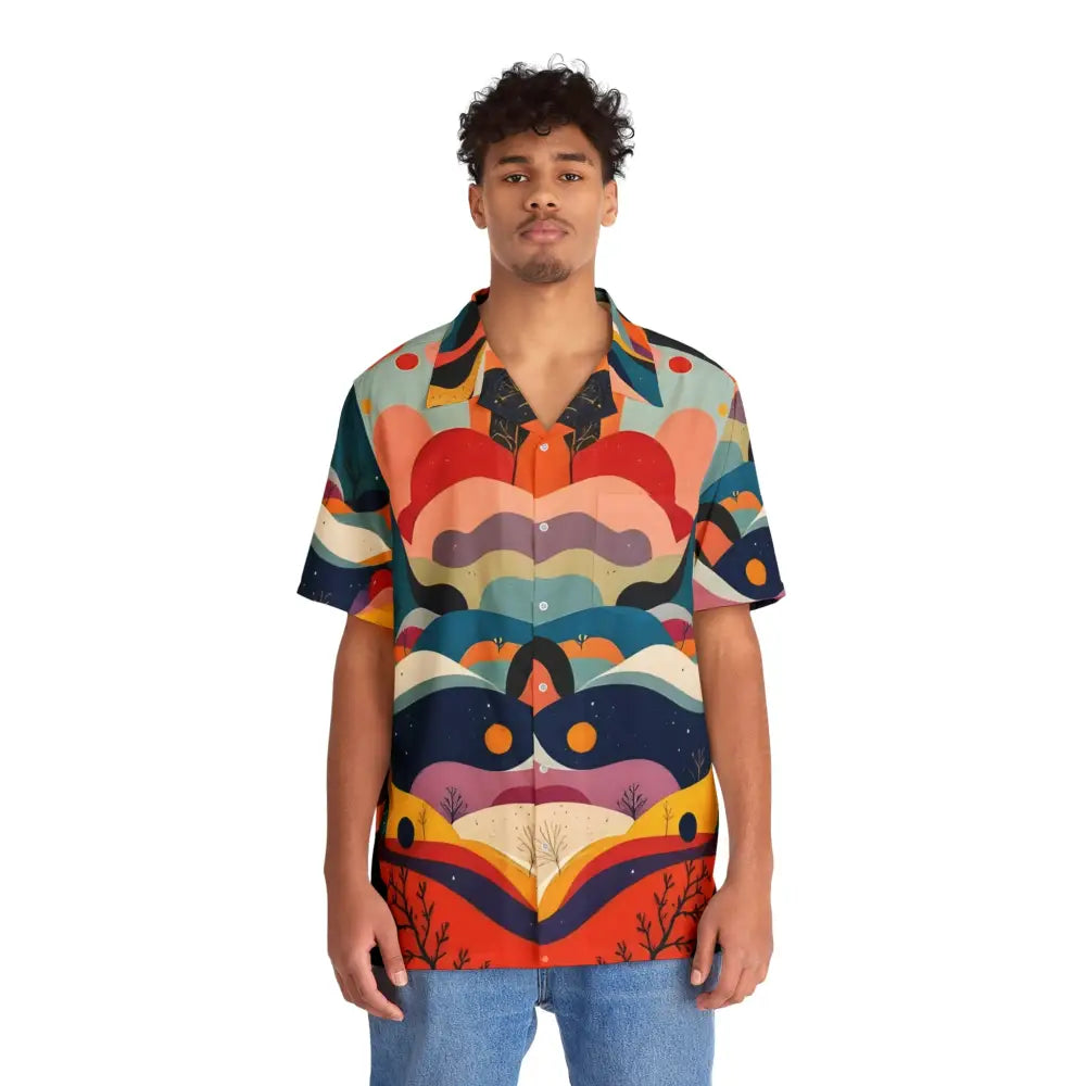 Colorful patterned short-sleeved Hawaiian shirt with abstract urban camo design