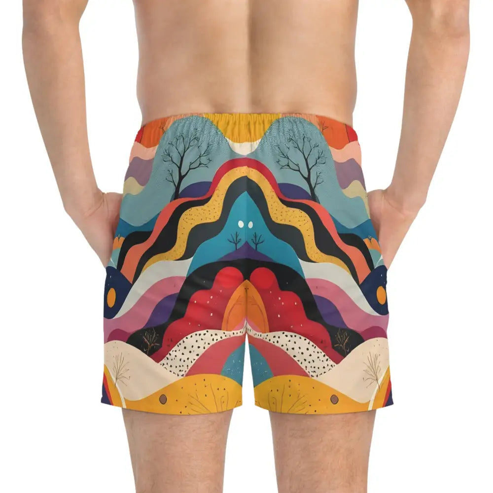 Colorful patterned Flowstate Mirage Swim Trunks with psychedelic landscape design