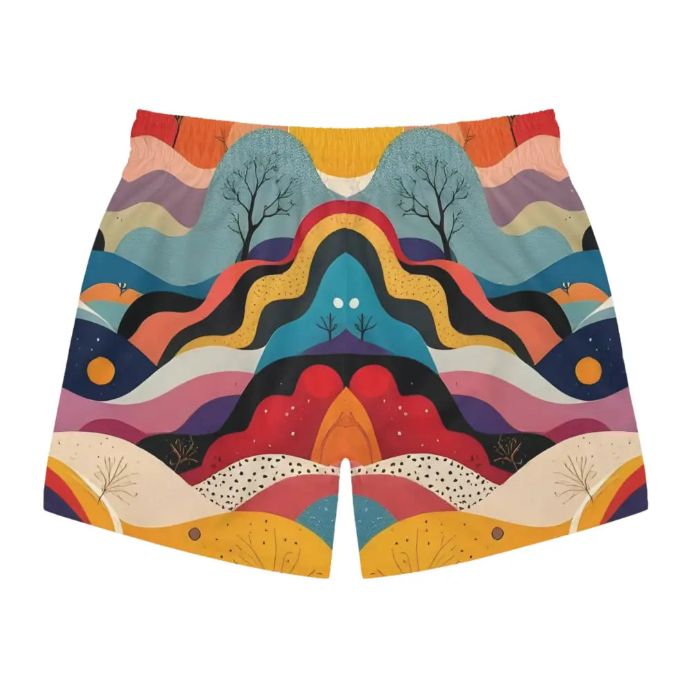 Colorful patterned Flowstate Mirage Swim Trunks with psychedelic landscape design