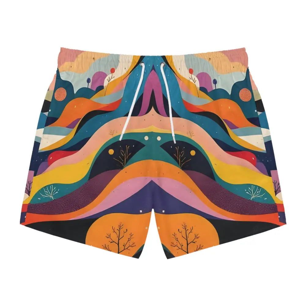 Colorful patterned Flowstate Mirage Swim Trunks with psychedelic landscape design