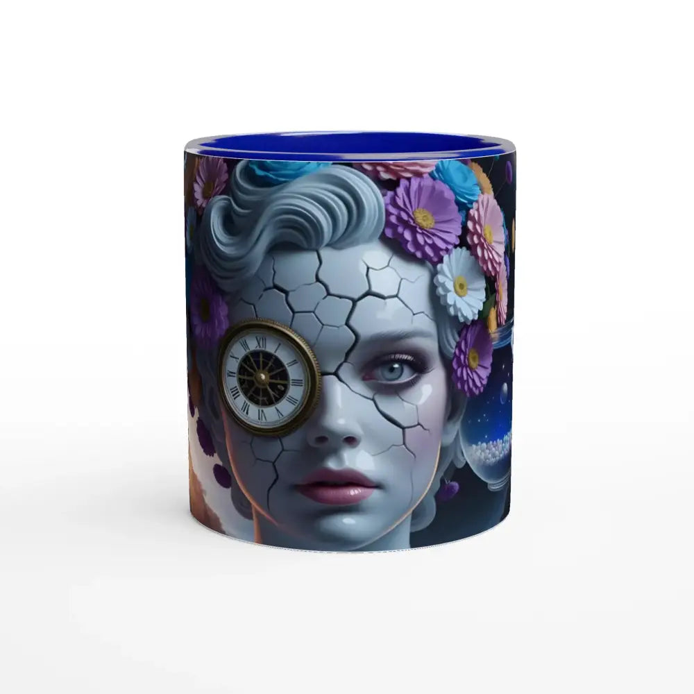 Ceramic mug featuring surreal cracked-skin woman design from Fractured Time Mug porcelain galaxy