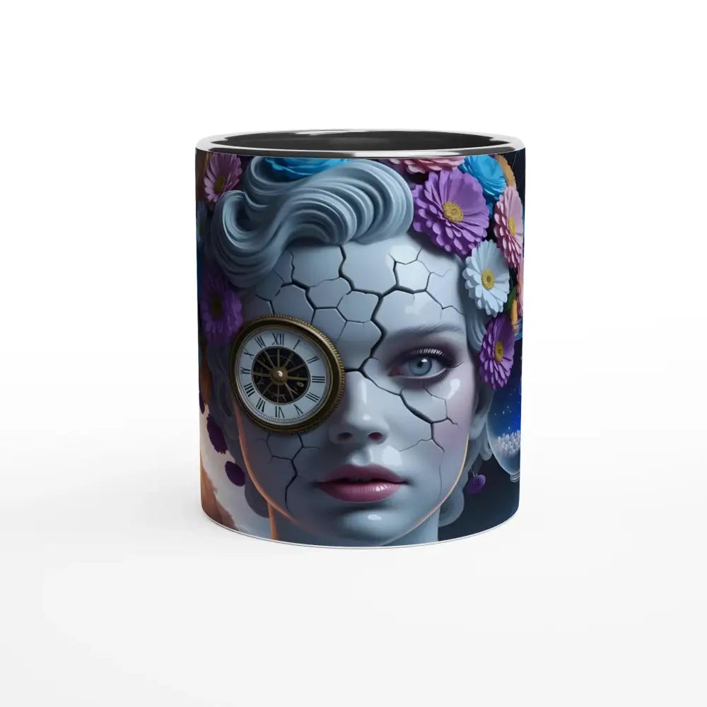 Ceramic mug featuring surrealistic woman portrait from Fractured Time Mug Porcelain Galaxy