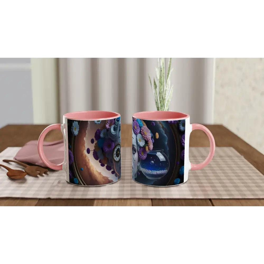 Pink-handled porcelain mugs with floral and eye designs from PixiOnyx Fractured Time Mug collection