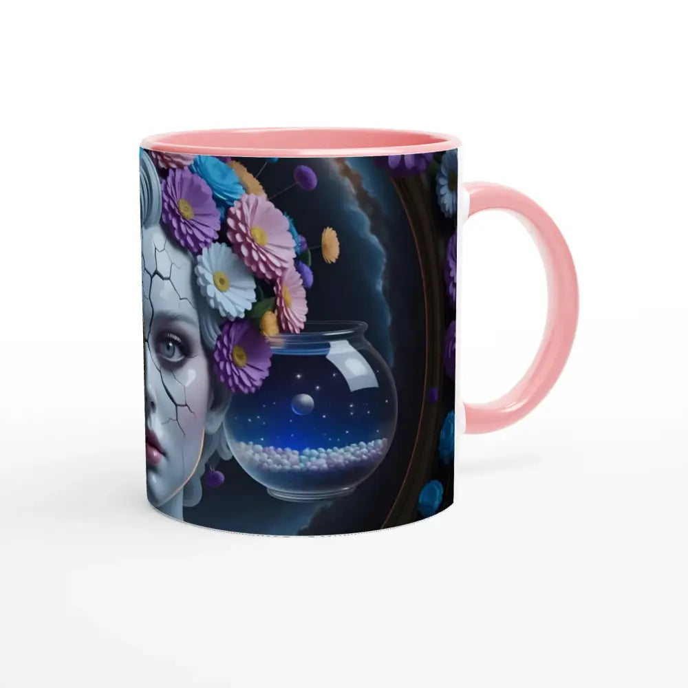 Pink-handled Fractured Time Mug with surreal floral and cracked-face design
