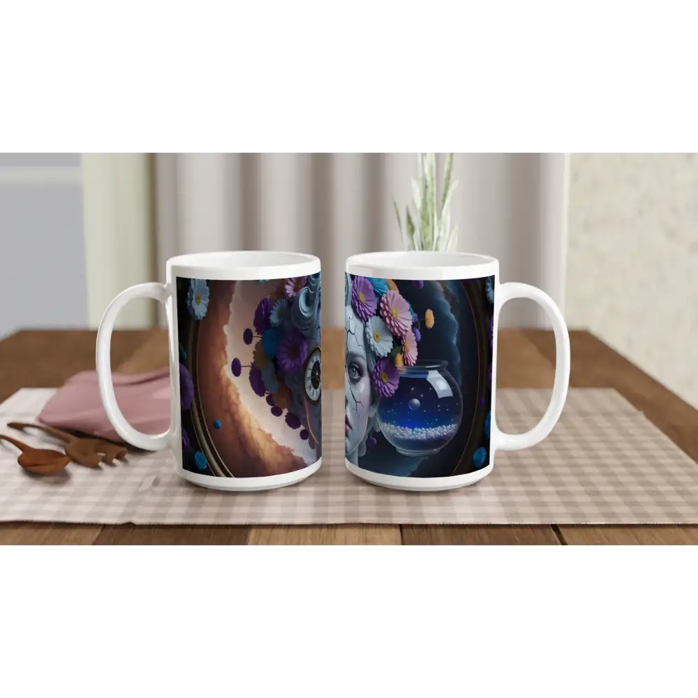 Two mugs with surreal art on the Fractured Time Mug – Timeless Vision by PixiOnyx Dreamcore Ceramic