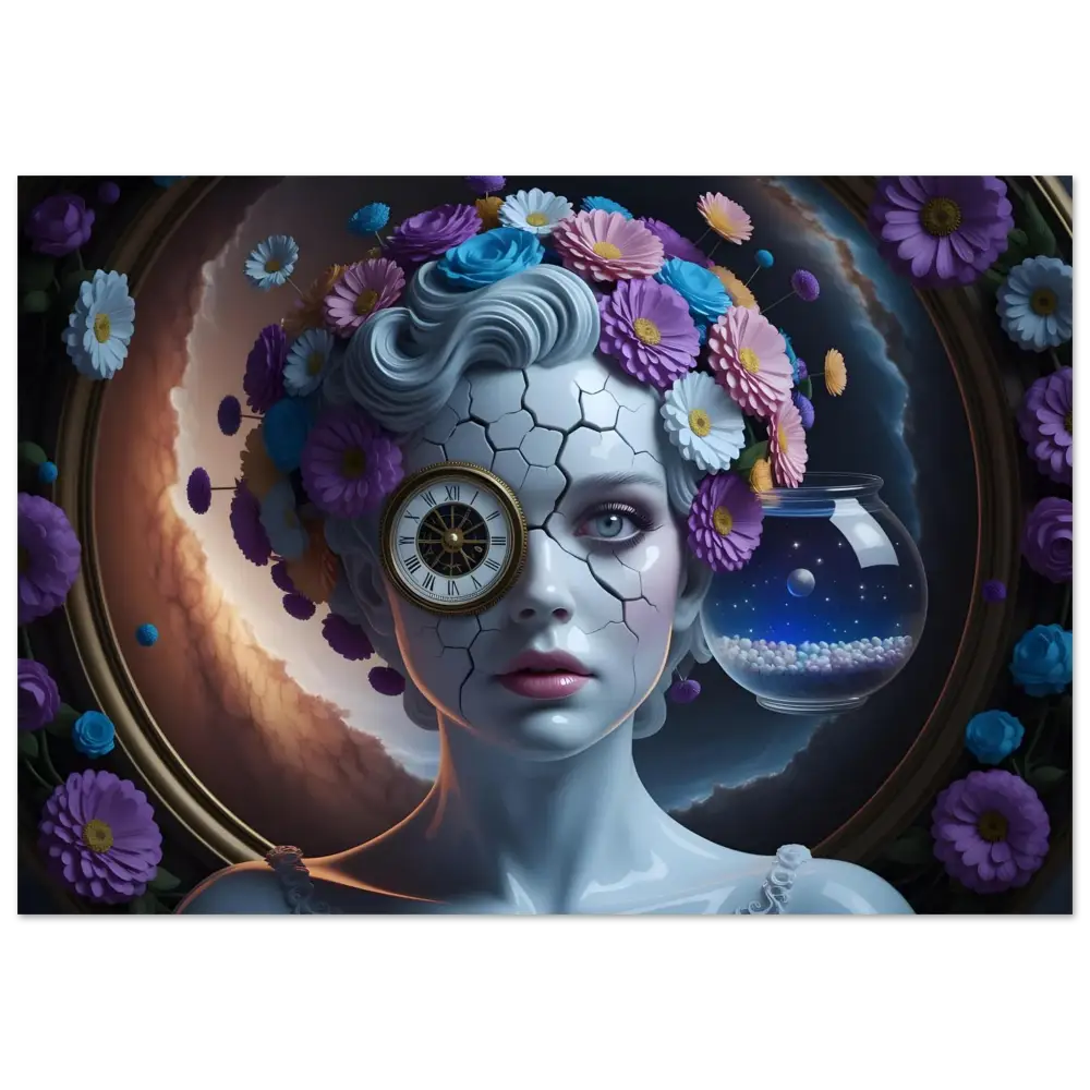 Surreal cracked-skin woman with clock eye and floral headdress in Porcelain Dreamcore art print