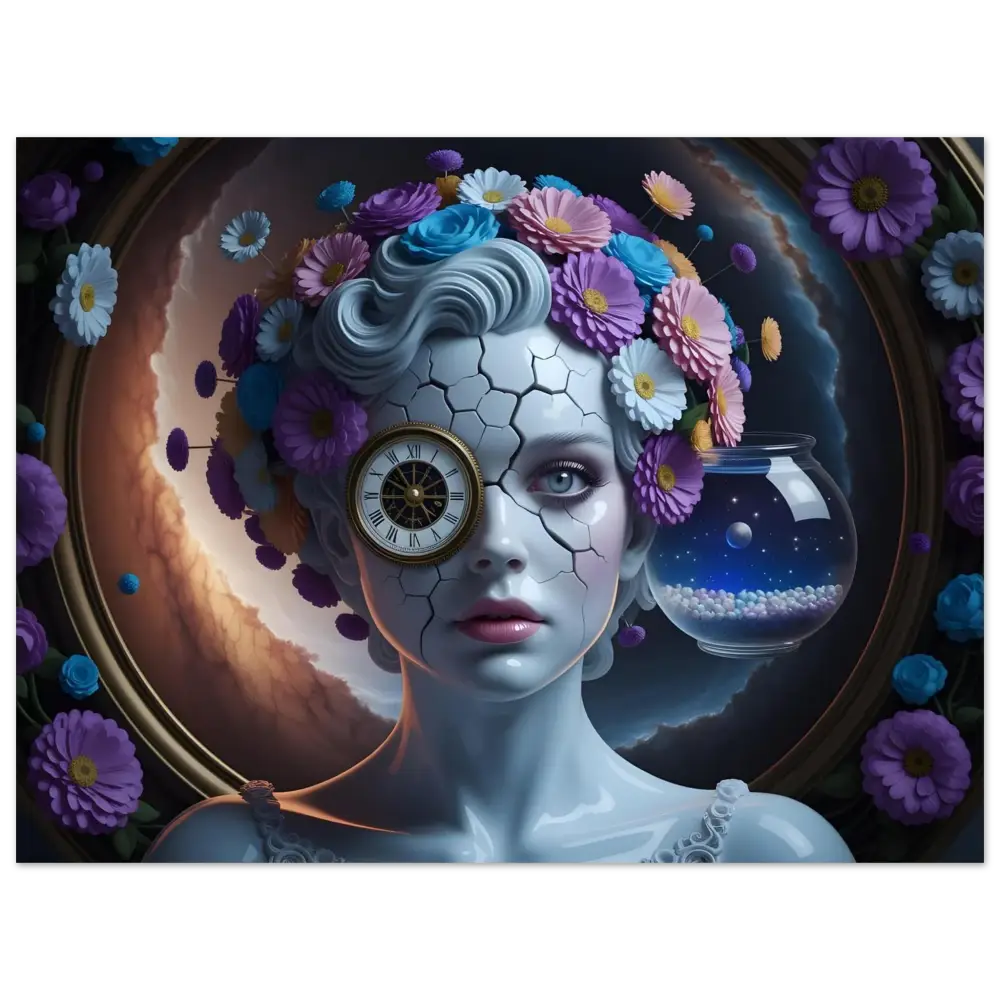 Surreal porcelain woman with floral headdress and clock eye surreal art print