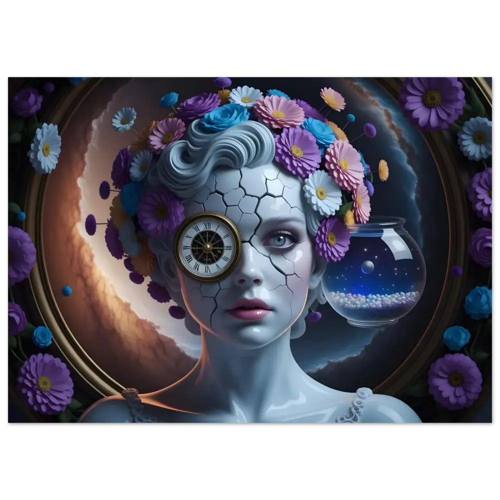 Surreal porcelain woman with clock eye and floral crown in Fractured Time Poster artwork